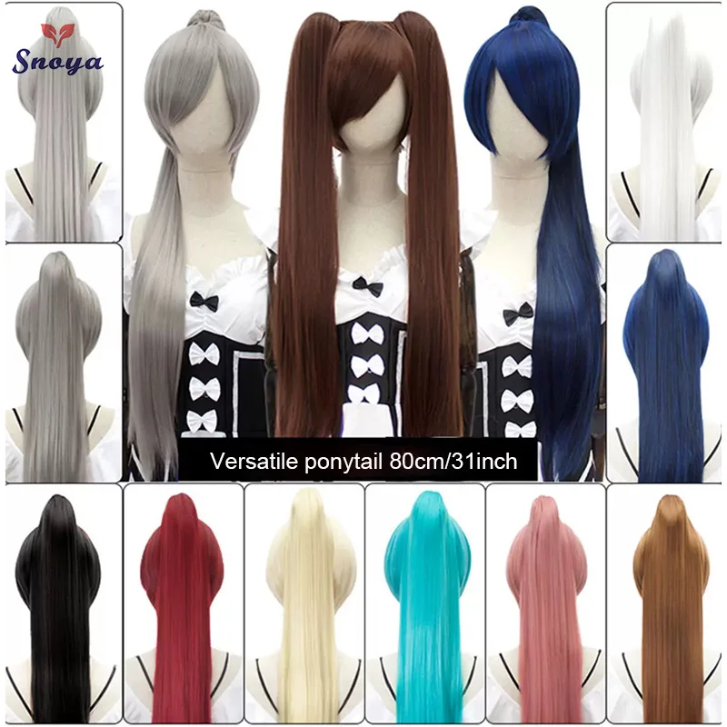 Snoya synthetic 80cm versatile long straight claw clip ponytail extensions for Ancient costume design red purple pink blue black