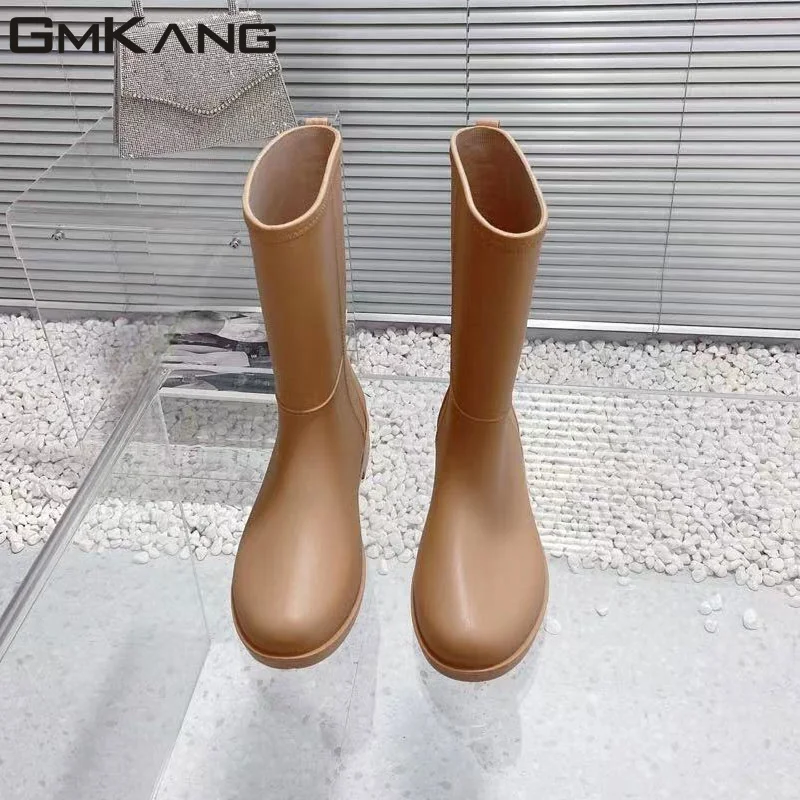 Thick Sole Rain Boots Woman Round Toe Slip-on Rubber Waterproof Rainboots Ladies Long Boots Flat Platform  Rain Shoes For Women