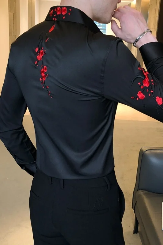 Embroidery Casual Long Sleeve Gentlemen Shirts Social Blouses Korean Shirt Men Fashion Autumn New Slim Fit Dress Male Shirt