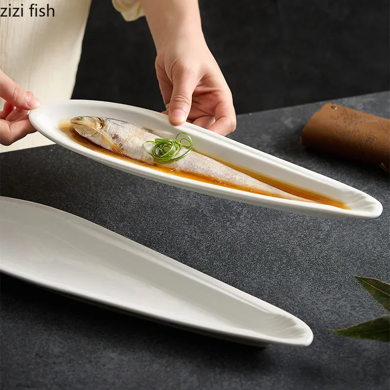 White Shaped Fish Plate Ceramic Autumn Knife Fish Long Strip Plate Steamed Sushi Dish Artistic Conception Tableware