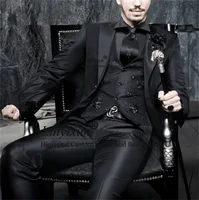 Formal Black Men‘s Wedding Suits Notched Lapel Groom Tuxedo 3 Pieces Sets Customized Male Blazer Jacquard Waistcost Pants Outfit 1