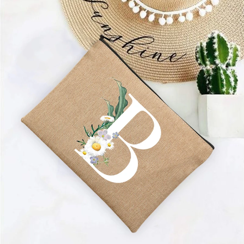 Initial Letter Flower Cosmetic Bags Summer Beach Travel Organizer Case Women Neceser Make Up Bag Linen Zipper Pouch  Mujer Bolsa