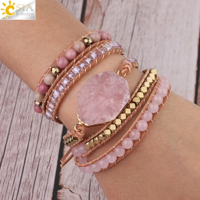CSJA Natural Stone Bracelet Pink Quartz Leather Wrap Bracelets for Women Rose Gems Crystal Beads Bohemia  Jewelry 5 Strand S308 1