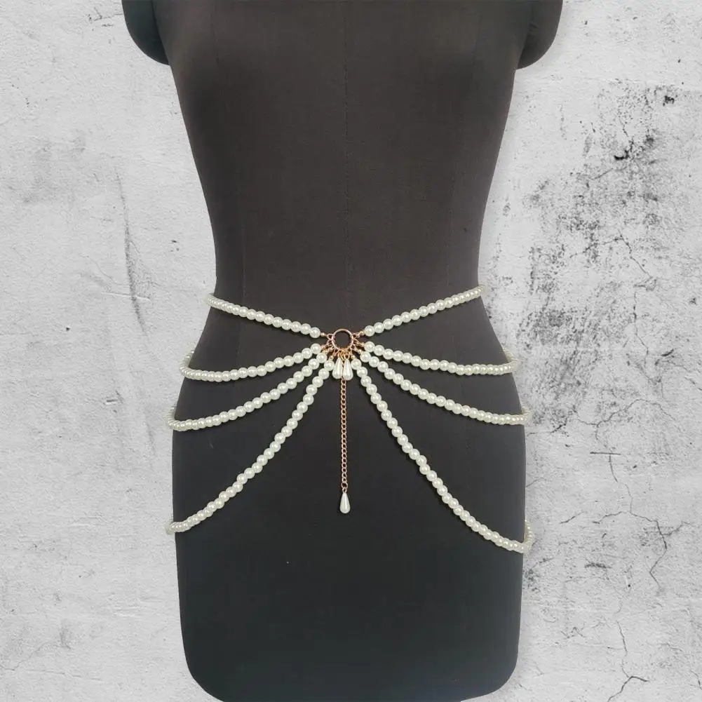 Chaîne De Taille Multi-couches Avec Perles Imitation - 750mm Réglable, Doré, Pour Robes, Jupes - Accessoire Femme - 4