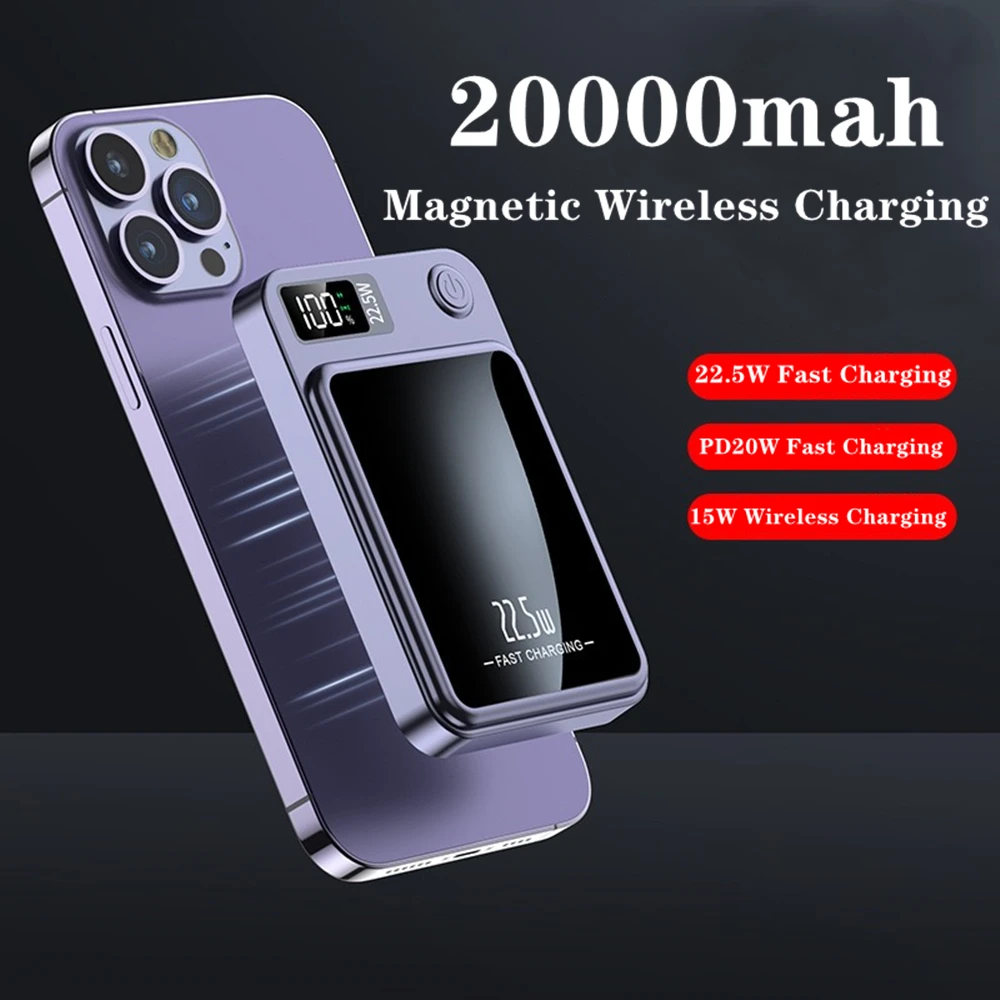 New 20000mAh Magnetic Qi Wireless Charger Power Bank 22.5W Fast Charging For iPhone 14 13 Samsung Huawei Xiaomi Mini Powerbank
