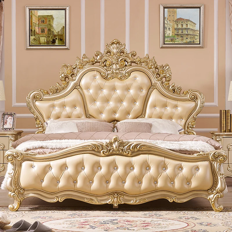 

European Bed Double Bed 1.8m Luxury Wedding bed Master Bed Princess Luxury Gold Queen bed Leather Villa bed