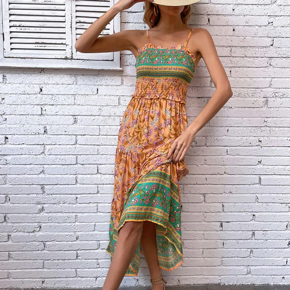 

Maxi Sundress Ethnic Style Maxi Dress with Shirring Patchwork Detail A-line Beach Dress for Women Vacation Strappy Sundress