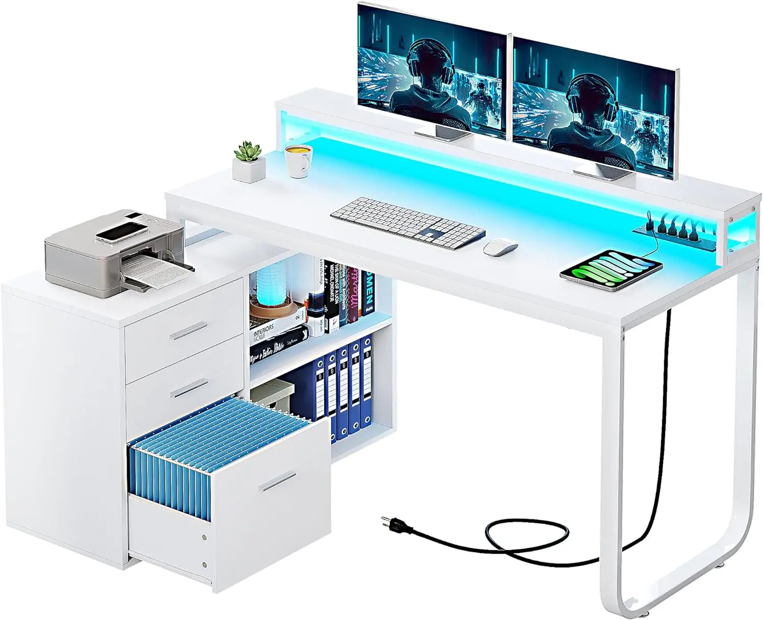 

L Shaped Desk with Power Outlets & LED Lights & File Cabinet, 55" Corner Computer Desk with 3 Drawers and 2 Storage Shelves