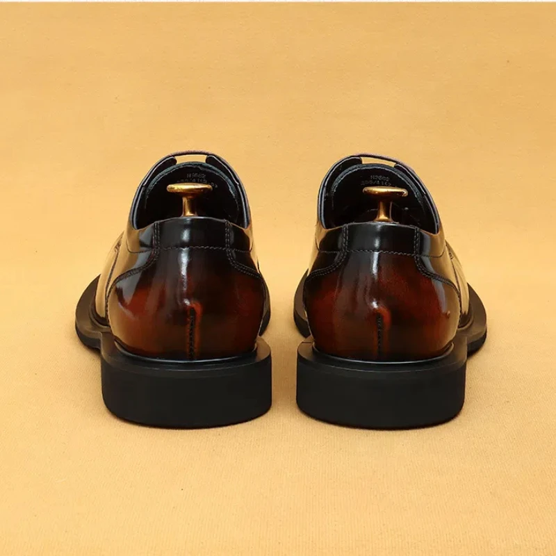 Men's business lace up casual leather shoes British big toe shoes cowhide patent leather round toe derby Retro men's