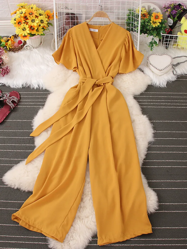 EWQ-monos coreanos con cuello en V para mujer, peto elegante con bolsillos y cordones, pantalones de pierna ancha, mono con cremallera en la espalda, nueva tendencia de verano, SN0190, 2023 - Image 2