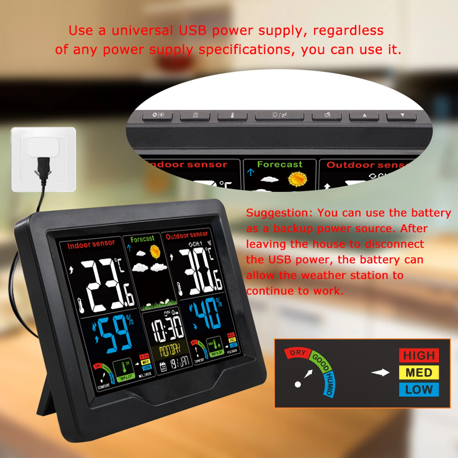 

Домашний гигрометр, термометр с ЖК-дисплеем, комнатный и уличный датчик температуры, поддержка прогноза погоды, будильник по времени