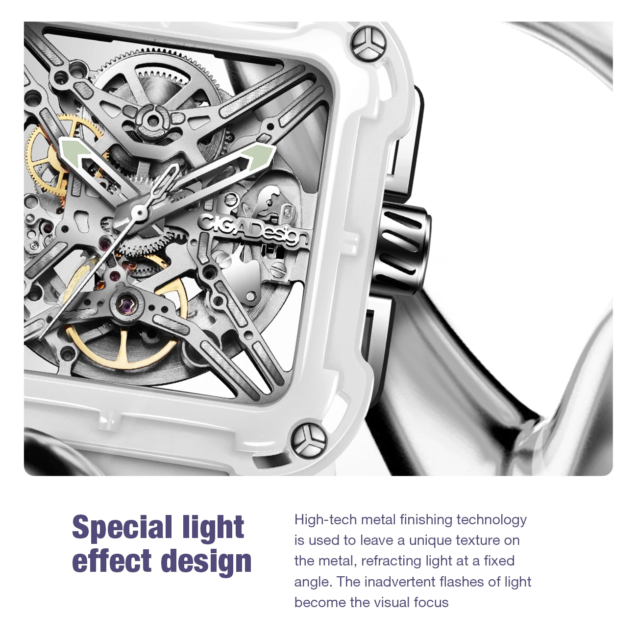 CIGA Design Mechanical Ceramic White Watches for Women X Series Automatic Movement Luminous Skeleton Ladies Watch Silicone Strap