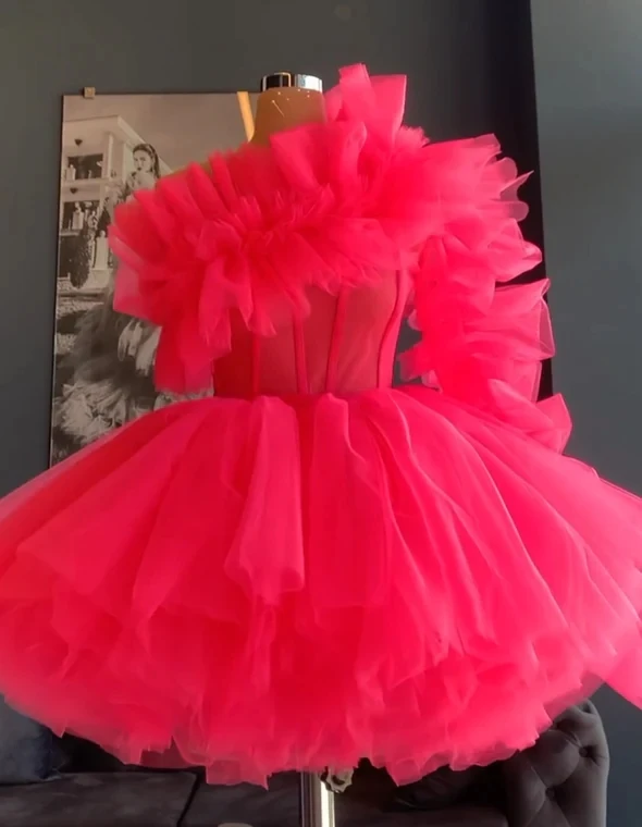 High End Hot Pink Puff Tulle Short Women Dresses To Birthday Party