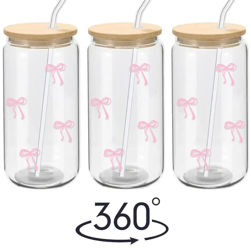 Beautiful and Interesting Pink Bow, Cute Covered Glass Cup and Straw Roller Glass Cup for Chilled Milk Coffee Cocktail Juice Cup