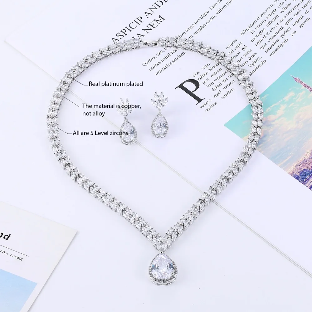 Popular CZ Cubic Zirconia Bridal Wedding Drop Necklace Earring Set,Crystal Jewelry Sets for Women Accessories