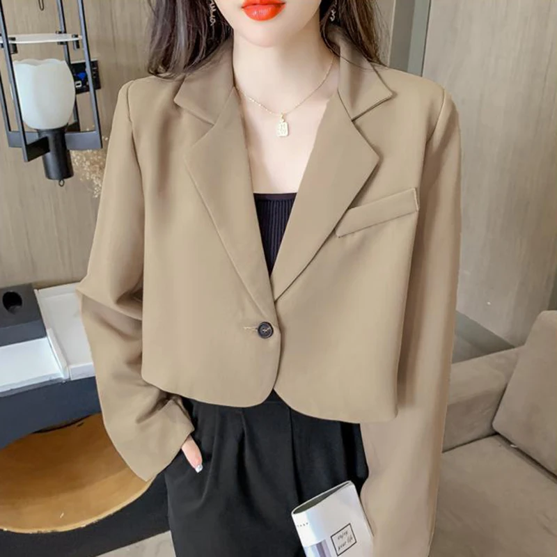 Lucyever Korean Cropped Blazers Women Solid Color Simple Single-button Outwear Teens All-match Long Sleeve Office Suit Jacket
