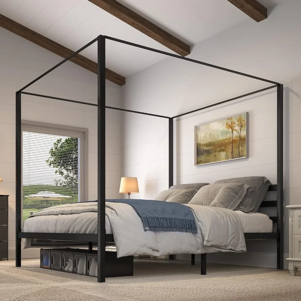 Four Poster Canopy Bed Frame, 14 Inch Platform Bed with Built-in Headboard Strong Metal Slat Mattress Support, King/Queen Size