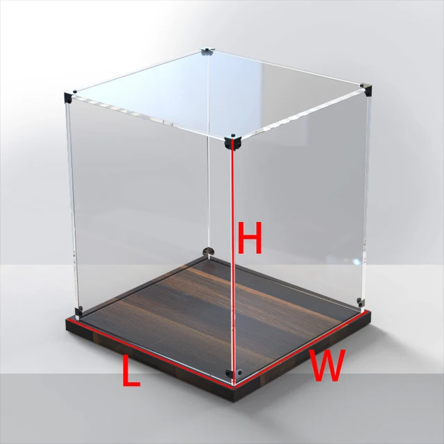 Caja de exhibición de acrílico transparente personalizada, caja de ensamblaje de base de madera, cubo de encimera, caja de exhibición a prueba de polvo para manualidades de juguetes de acción