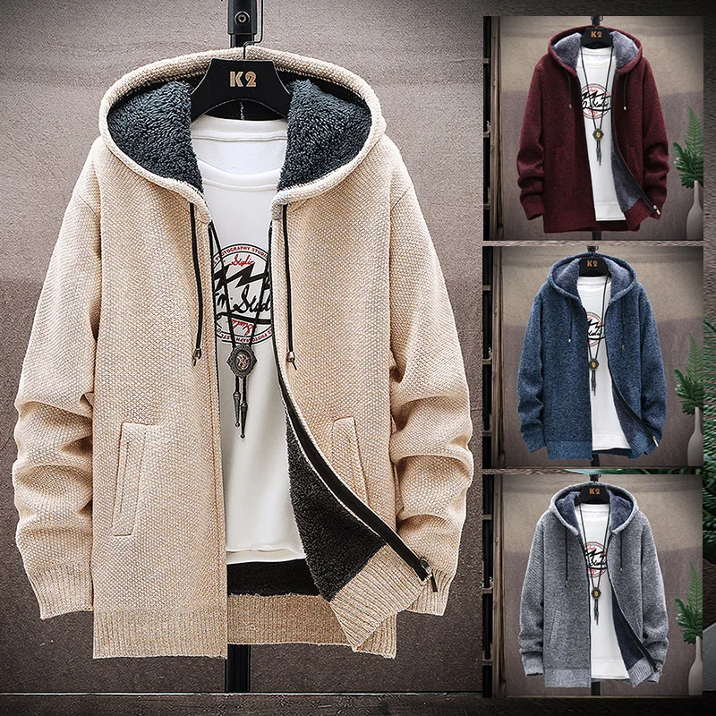 Men's Winter Knitted Sweater Print Korean Fashion Clothes Knitwears Clothing Cardigan Hood With Plush And Thickened Fleece knitted cardigan knitted sweater coat fleece cardigan