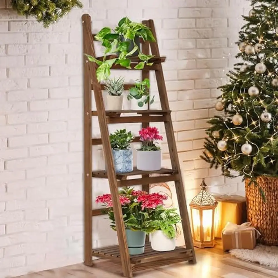 Rustic Wooden Ladder Shelf 4 Tier Plant Stand