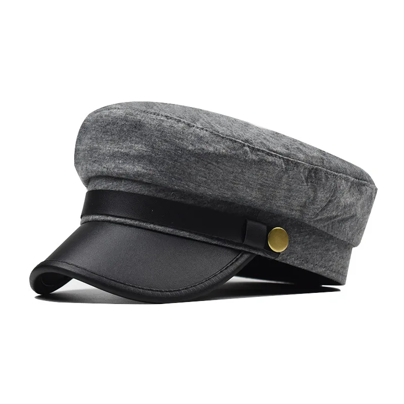 Unisex PU Leather Autumn Sailor Hat for Women Men Vintage Black Female Travel Student Captain Cap Flat Top sailor hat leather hat flat cap flat vintage cap cap hat