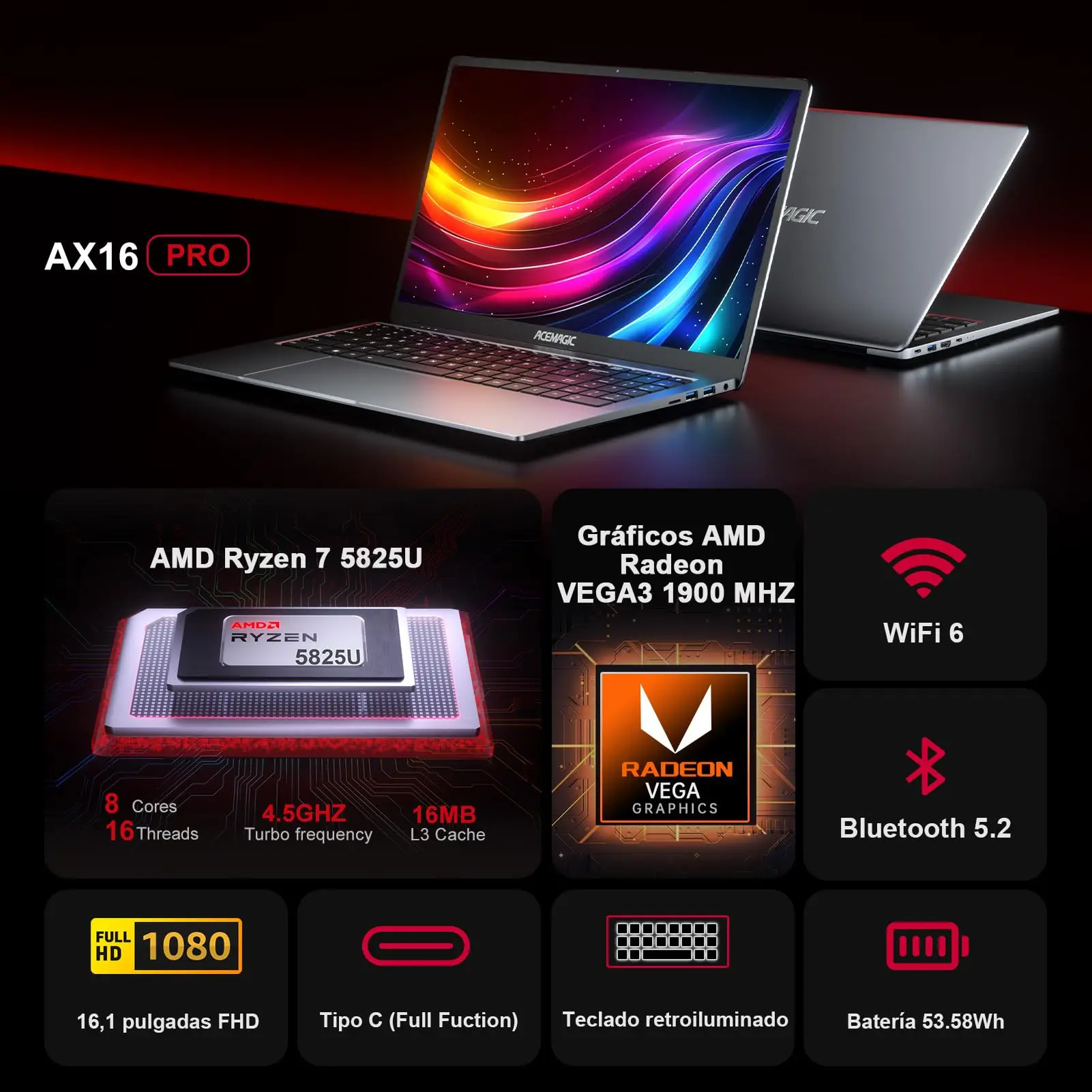ACEMAGIC Gaming Notebook AMD Ryzen 7 5700U(Beat i7-1265U)Backlit Laptop Keyboard RAM 16GB NVME SSD 512GB 16.1" Full HD 1920x1080 3