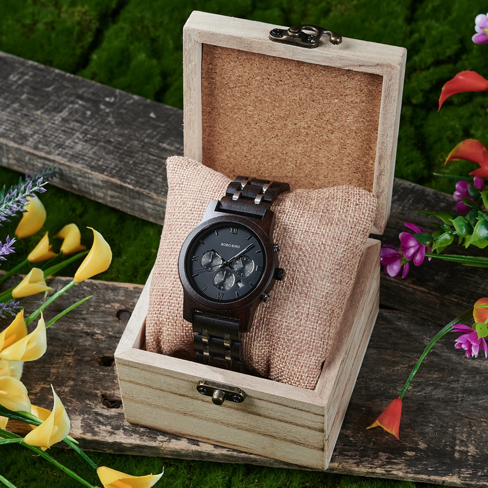 BOBO BIRD Couple's Watches Wooden Wristwatch Quartz Movement Stop-watch Auto-date Gift Box Paocking 6