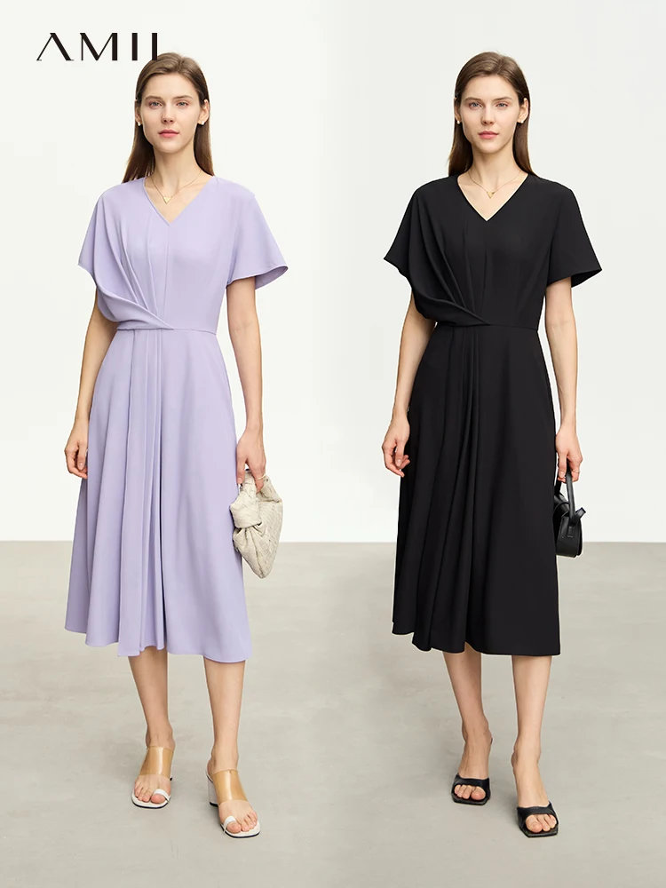 

Асимметричное платье AMII в минималистском стиле для женщин, Новинка лета 2023, офисное повседневное женское платье с V-образным вырезом и поясом, платья 12352061
