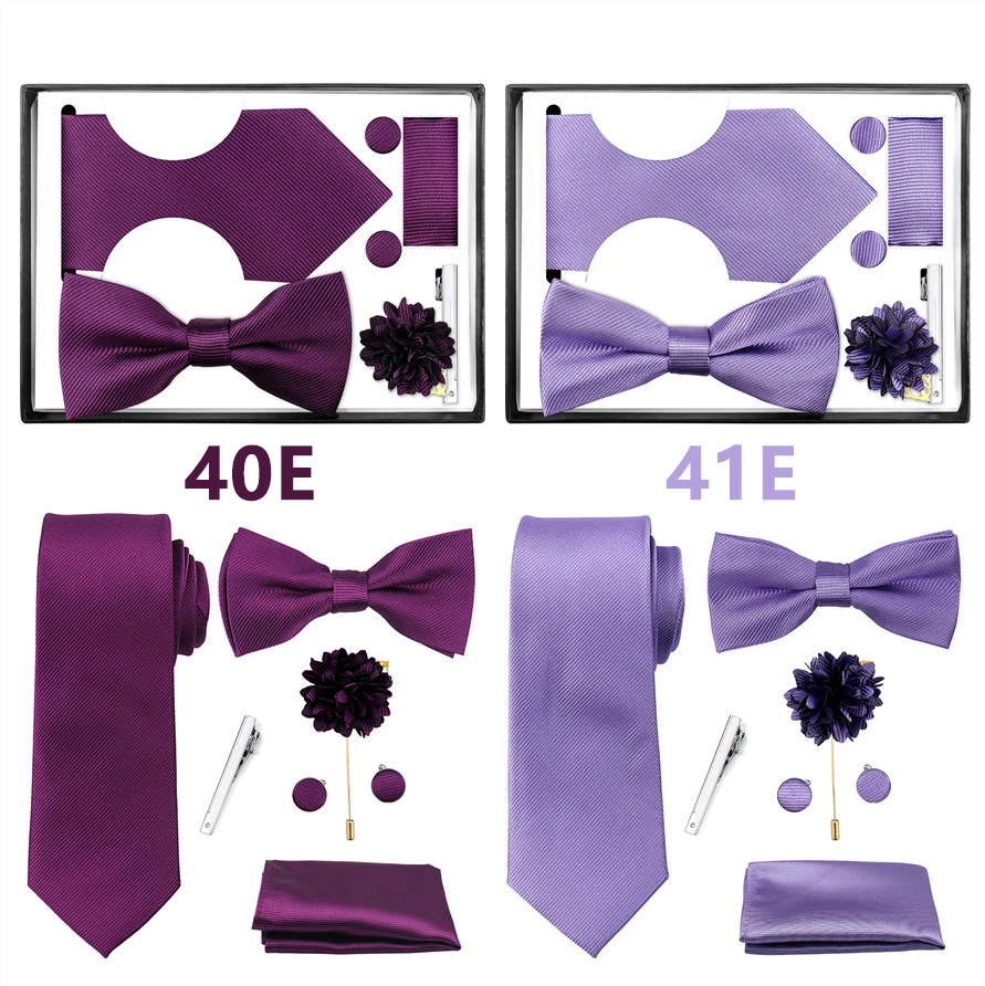 6-teiliges Krawattenset in schwarzer Geschenkbox, Großhandel, einfarbig, Herrenkrawatte, Fliege, Einstecktuch, Manschettenknöpfe, Krawattenklammer, Anzug-Accessoires – Detail 13