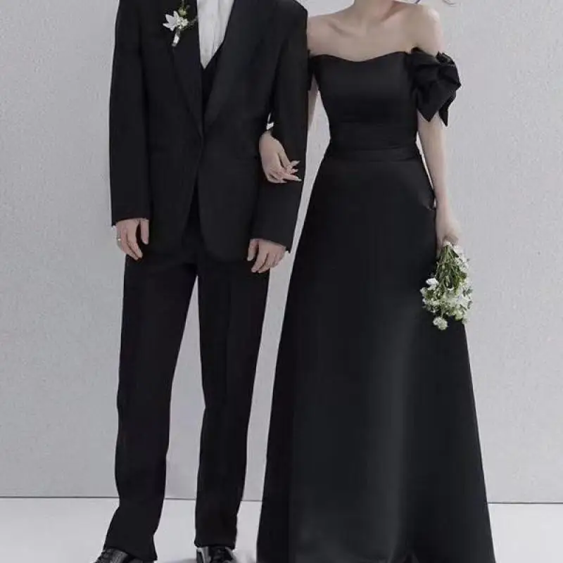 2024 New Sweet Bow Korean Wedding Dress Fashion Off The Shoulder Brides Wedding Dresses Soft Satin Black Long Evening Dresses цена и фото