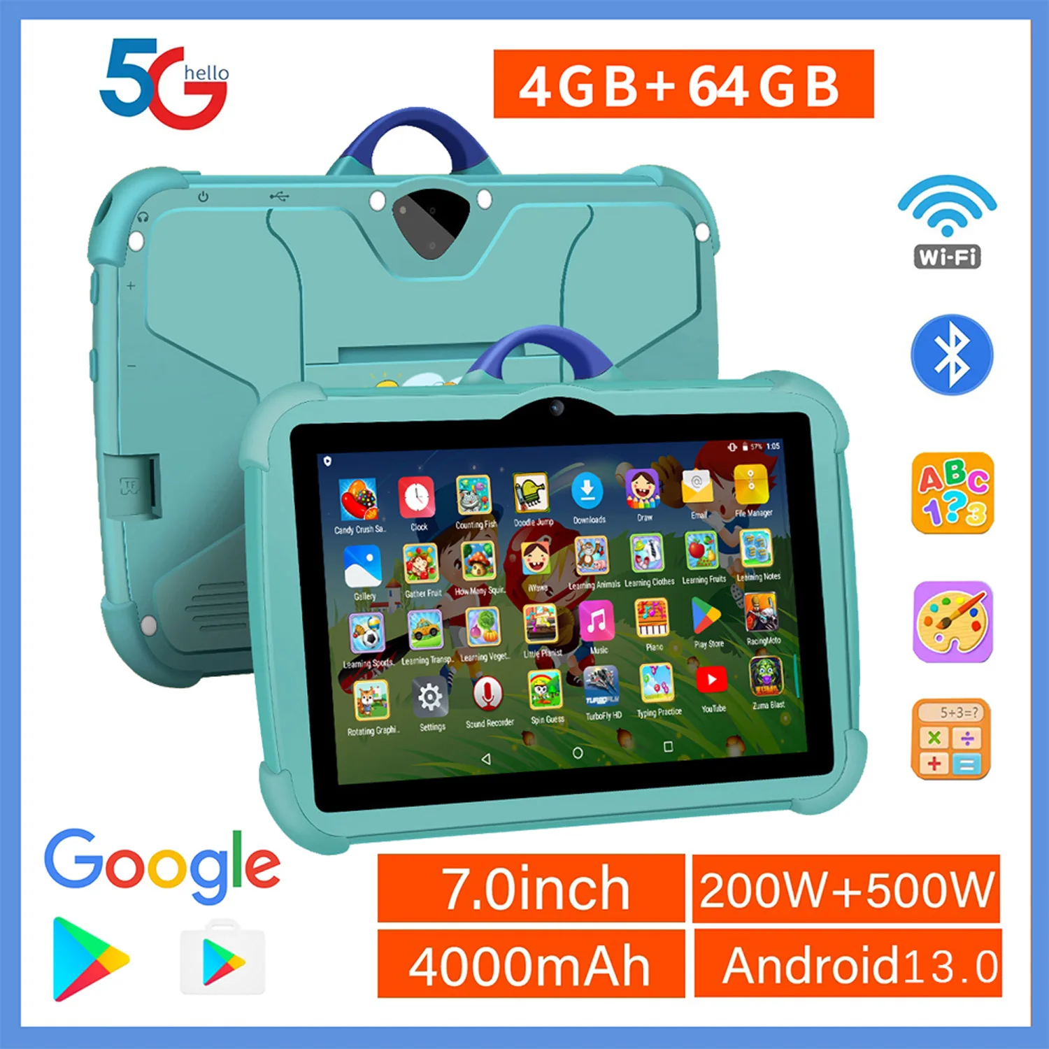 2025 New Arrival 7 Inch 5G WiFi Kids' tablets Quad Core 4GB RAM 64GB ROM Google Learning Education Version Dual Cameras Tablet