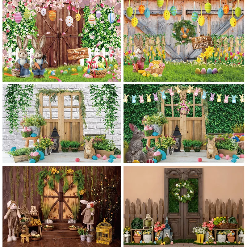 

Happy Easter Door Decoration 2024 Backdrop Photography Rabbits House Wood Board Spring Bnuuy Eggs Party Background Photo Banner