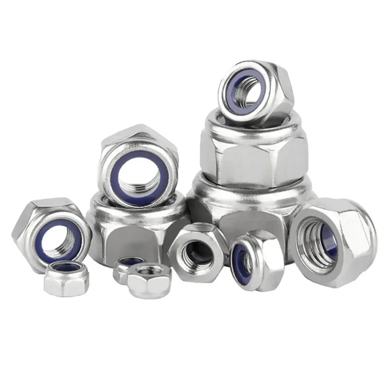 10pcs Nylon Locknut 304 Stainless Steel Hex Hexagon Lock Nut M3 M4 M5 M6 M8 M10 M12 M16 Slip Nuts Insert Self-locking Lock Nut