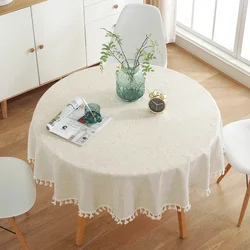 Elegant Cotton Linen Tablecloth with Tassel Edge - Stylish, Dust - Proof, and Shrink - Proof Solid Color Dining Table Cover - Round 90CM (Flax)