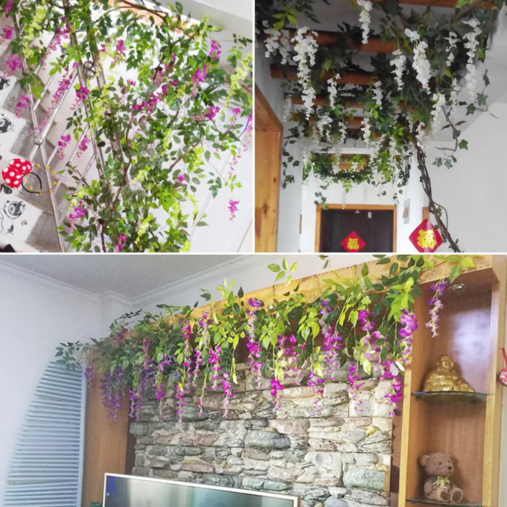 2/4pc 1.8M Wisteria Artificial Flowers Vine Garland Plants Wedding Arch Decoration Fake Plant Leaf Rattan Trailing Wall Flower