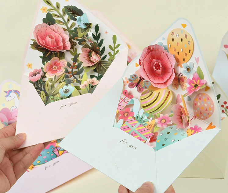 3D Pop-up Flowers Postcard with Envelope Romantic Flower Birthday Christmas Card Paper Greeting Cards Blessing Message Card