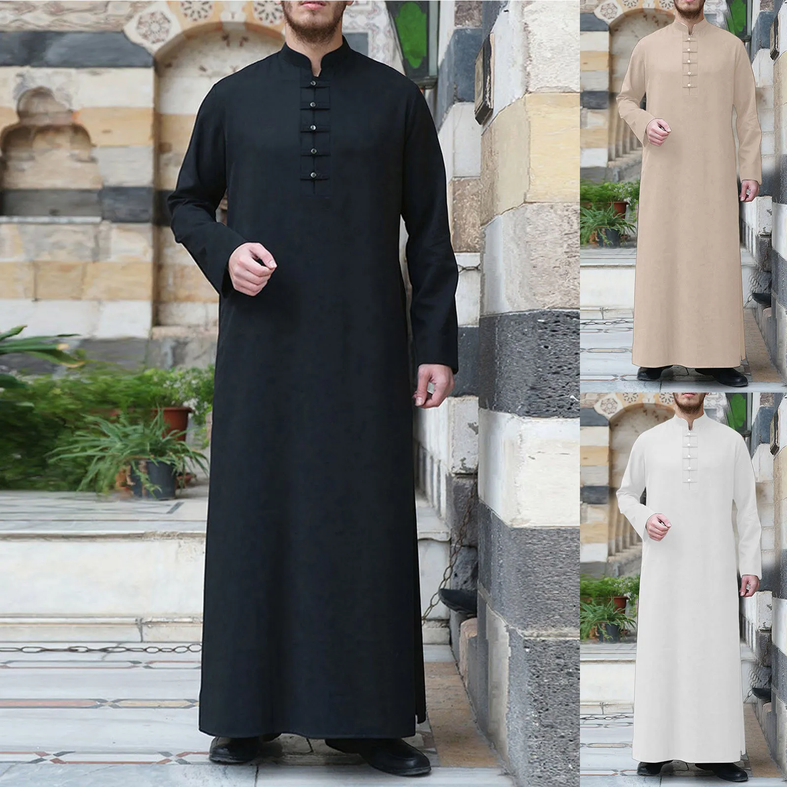 Robe Abaya de manga comprida simples solto masculino, confortável, roupão muçulmano, árabe, Dubai, roupa islâmica tradicional, botão de manga comprida