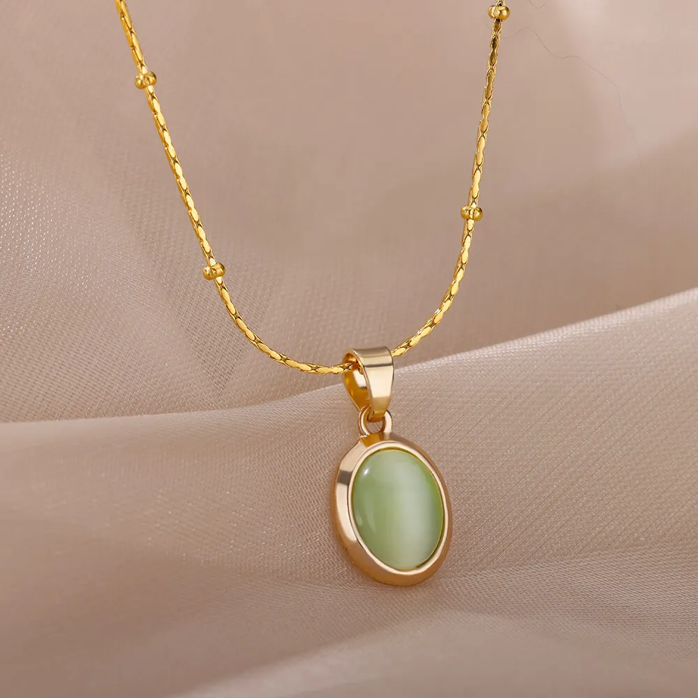 Fashion Oval Opal Pendant Necklace Stainless Steel Chain 18 K Gold Color Cute Lucky Jewelry For Women Accesorios Birthday Gift 3