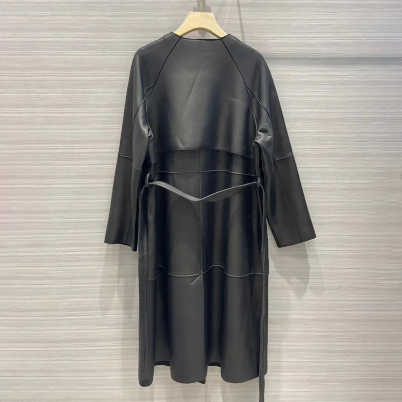 2022 New Women Leather Jacket Belt Solid Zipper Genuine Sheepskin Moto Long Trench Coats High Quality Fashion Streetwear AEL4940