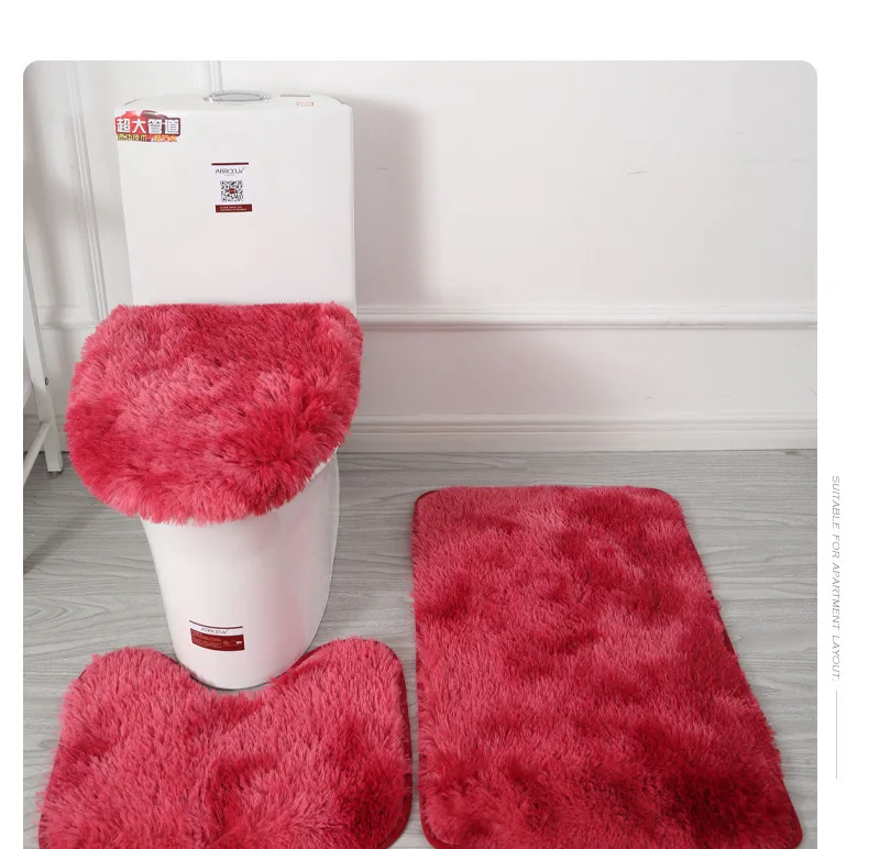 Carpet Toilet Three Piece Set, Tie Dyed Long Hair Anti Slip Foot Mat, Bathroom Water Absorption Set 3