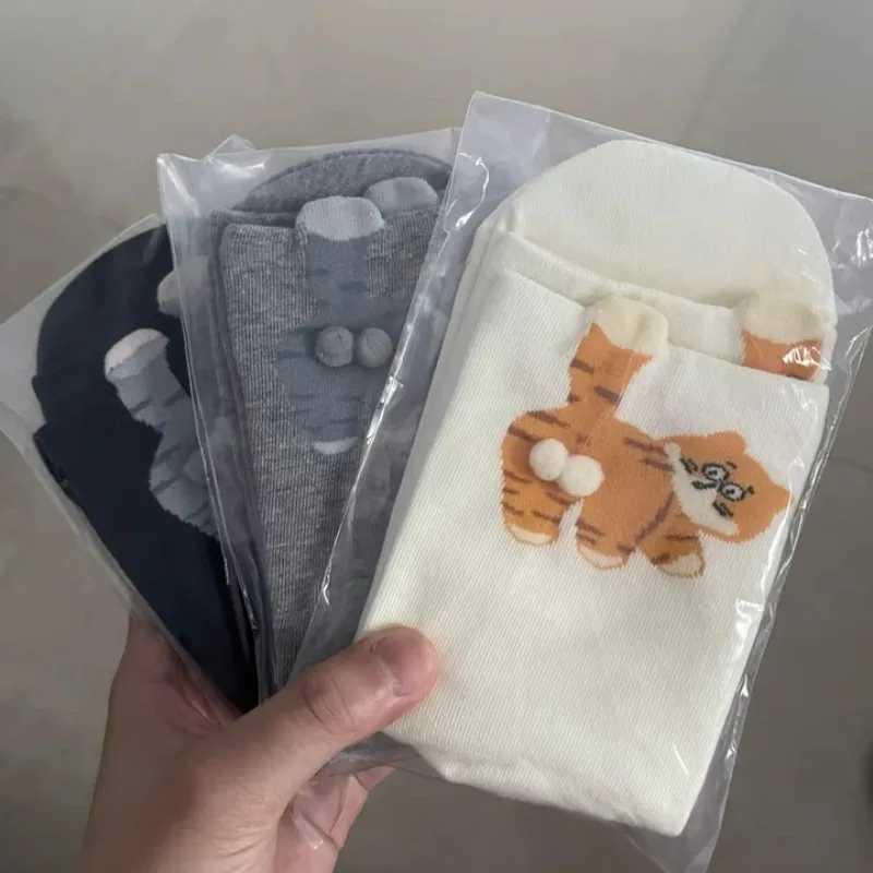Funny Cat Dog Butt Printed Mid-Calf Socks with 3D Balls Cute Cotton Soft Women Men Short Socks Novelty Gifts for Cat Pet Lovers