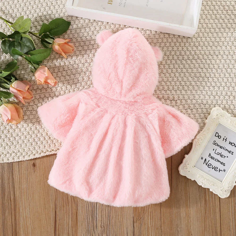 Winter Girls Coat Warm Fashion White Pink Rabbit Ears Hooded Cloak Cute Velvet Thick Coat for Baby