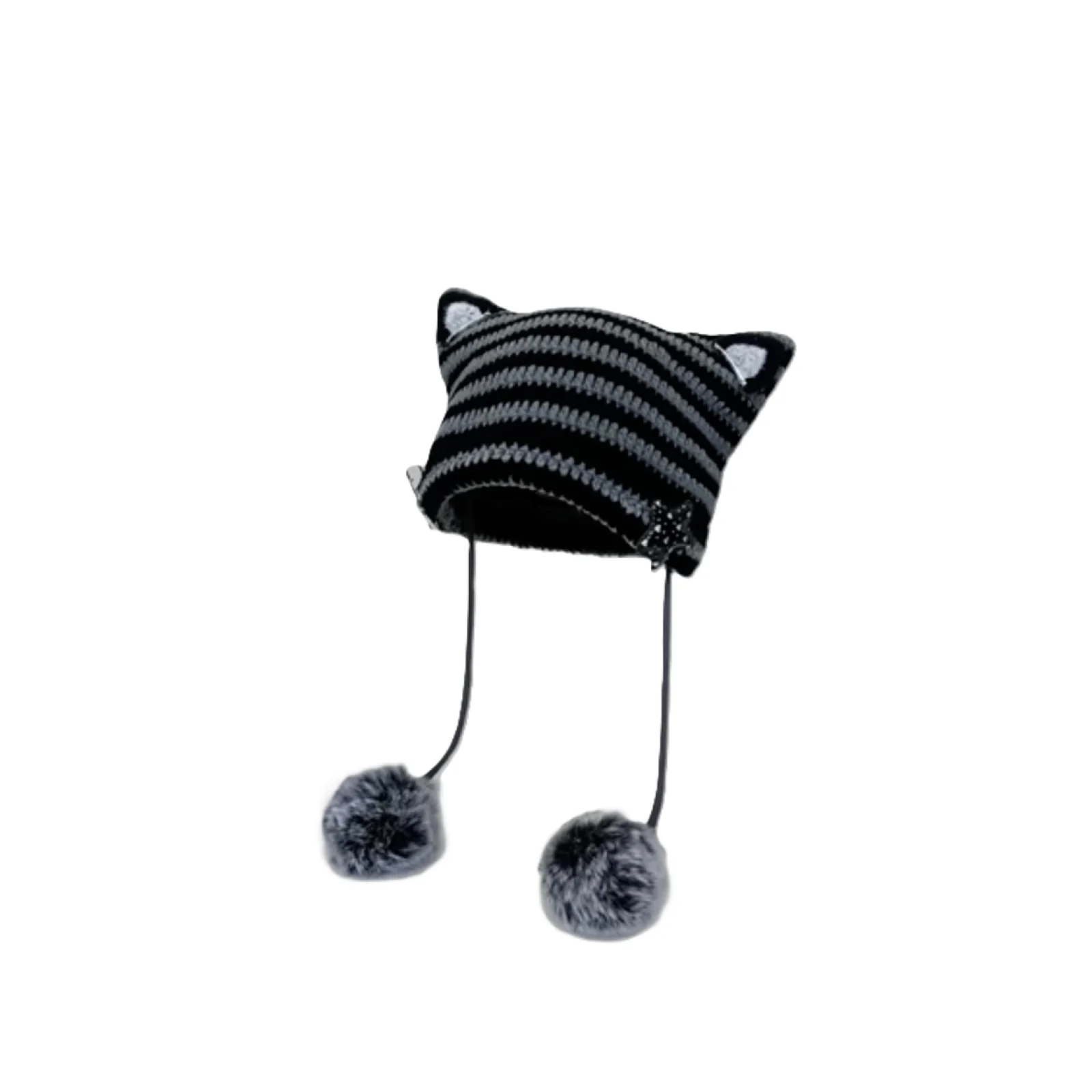 Devil striped knit hat with cute cat's ears and star decoration for women girls