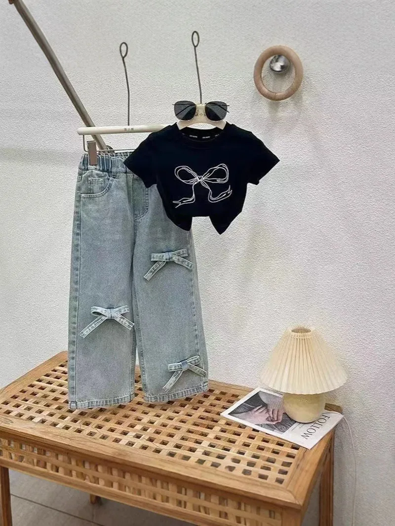 Girls Summer Cotton Clothes Set Color Blocked Top Jeans