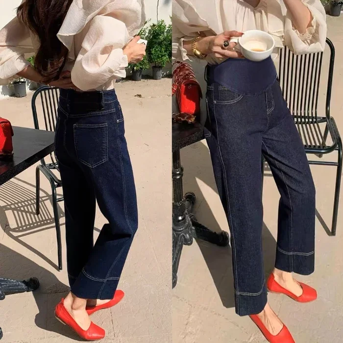 Vintage Stretch Light Denim Maternity Jeans Spring Summer Wide Leg Straight Cropped Pants for Pregnant Women Pregnancy Youth maternity jeans