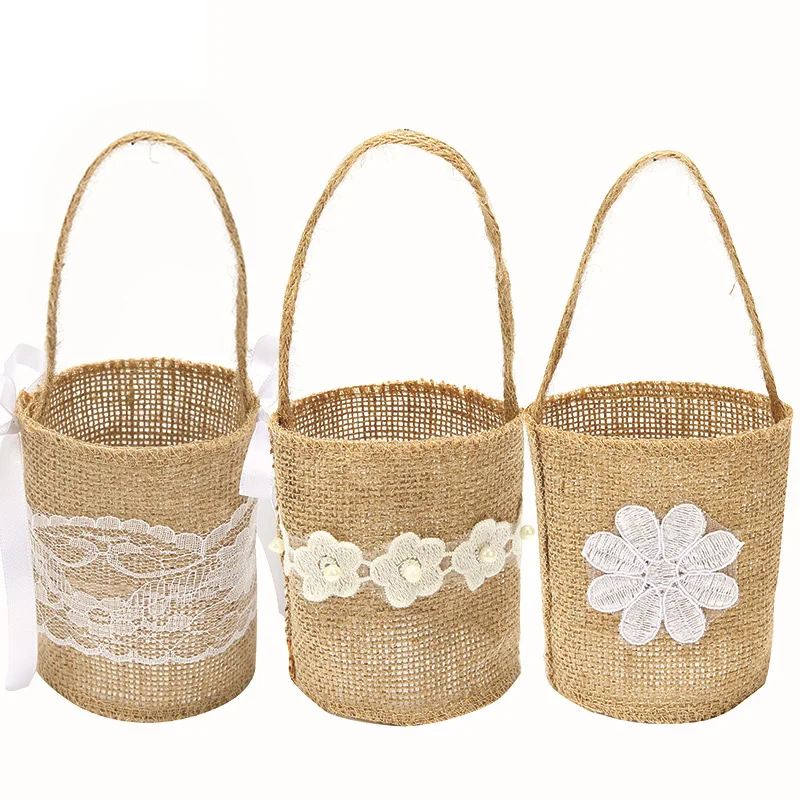 Wedding Lace Burlap Flower Basket Linen Handle Vintage Rustic Wedding Ceremony Table Decoration Baby Shower Party Candy Gift Bag