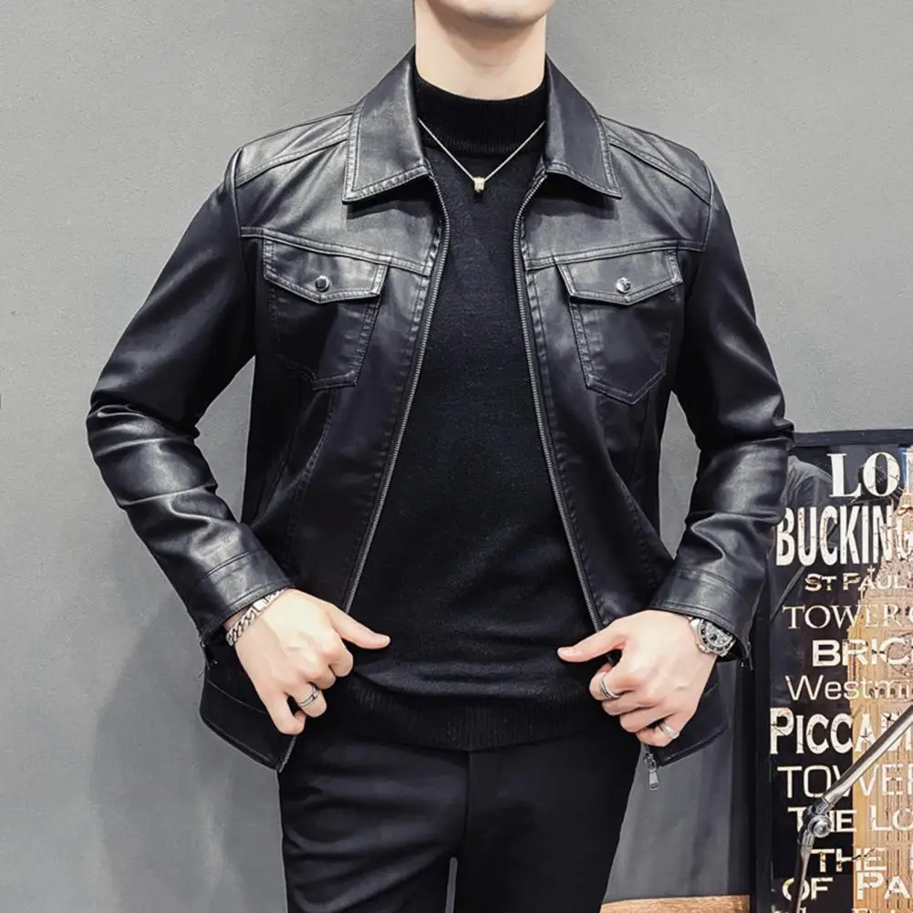 

Men Jacket with Zipper Closure Fashionable Durable Men's Black Zipper Lapel Motorcycle Jacket A Stylish Reliable Autumn for Home
