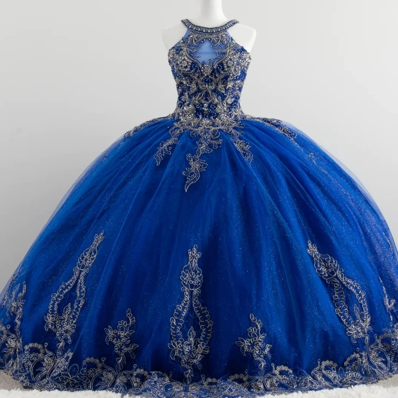 

Saudi Arabic Real Picture Blue Quinceanera Dresses High Neck Lace Applique Beading Puffy Skirt Vestido De 15 16 Anos Prom Party