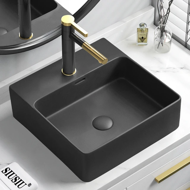 อ่างล้างหน้าเซรามิกสีดำแบบตั้งโต๊ะ ขนาด 46x37 ซม. สำหรับห้องน้ำ ระเบียง อ่างล้างหน้าเดี่ยว อ่างล้างหน้าแบบศิลปะ 4