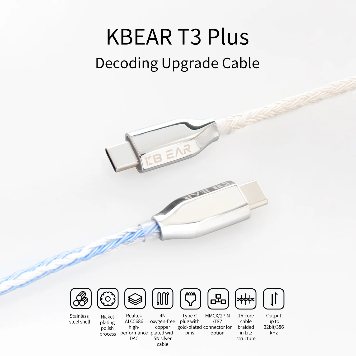 

KBEAR T3 Plus Decoding Upgrade Earphones Cable 16-Core High Purity OFC Plated With Type-C MMCX / 2PIN / TFZ Connector 1.2M